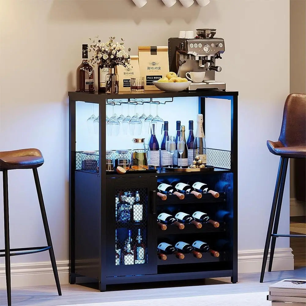 Industrial-Style Wine Bar Cabinet with Adjustable Racks, Glass Holders, and Mesh Door for Living, Kitchen, or Dining Spaces