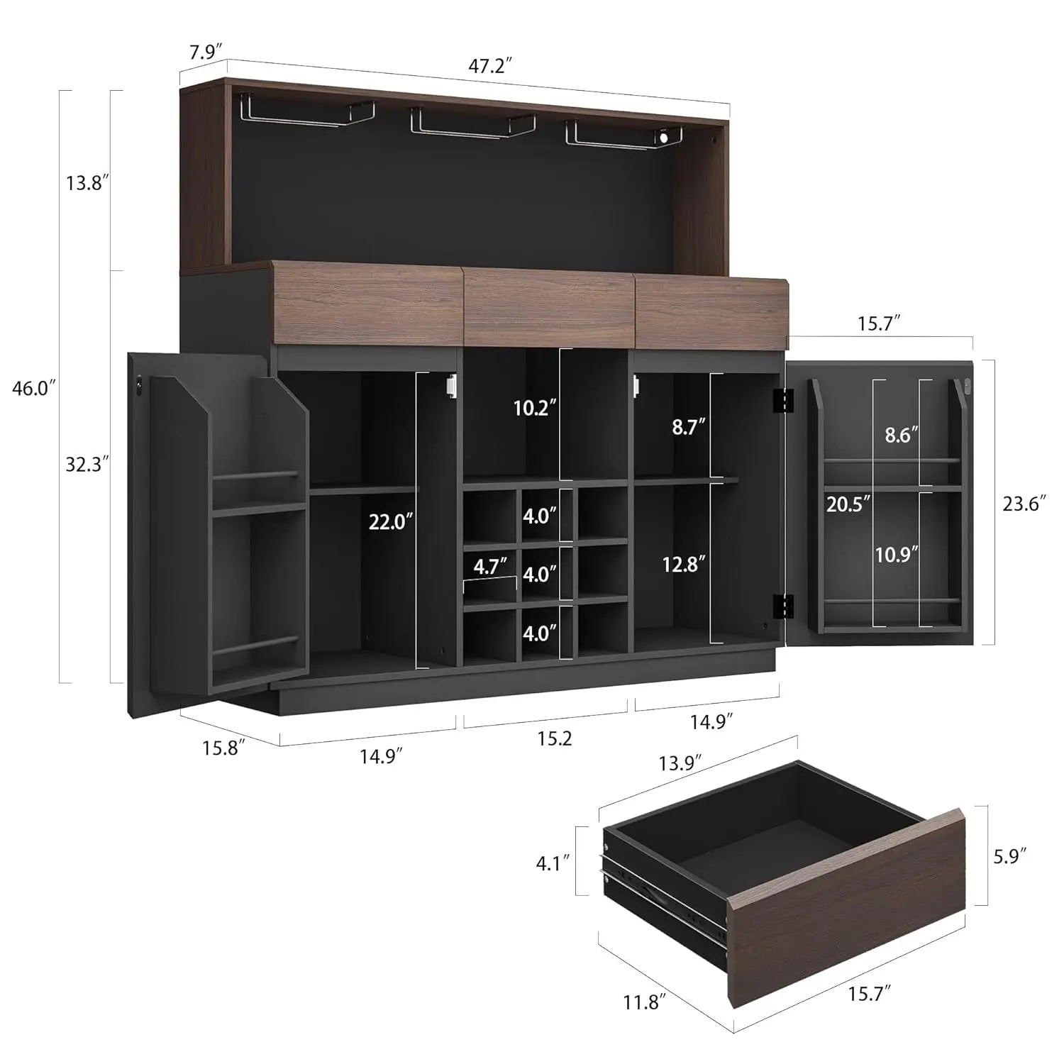 Wine Cabinet with 3 Drawers, Coffee Bar Cabinet with LED Lights, Stemware Holders Wine Racks, Home Bar with, Customized