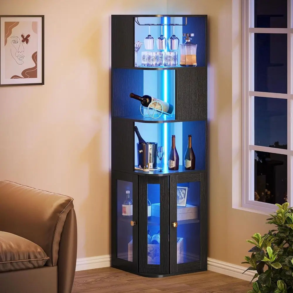 Illuminated Wine Cabinet with Glass Holder, Tempered Glass Bar Cabinet for Adjustable Storage in Living, Dining, Kitchen Spaces