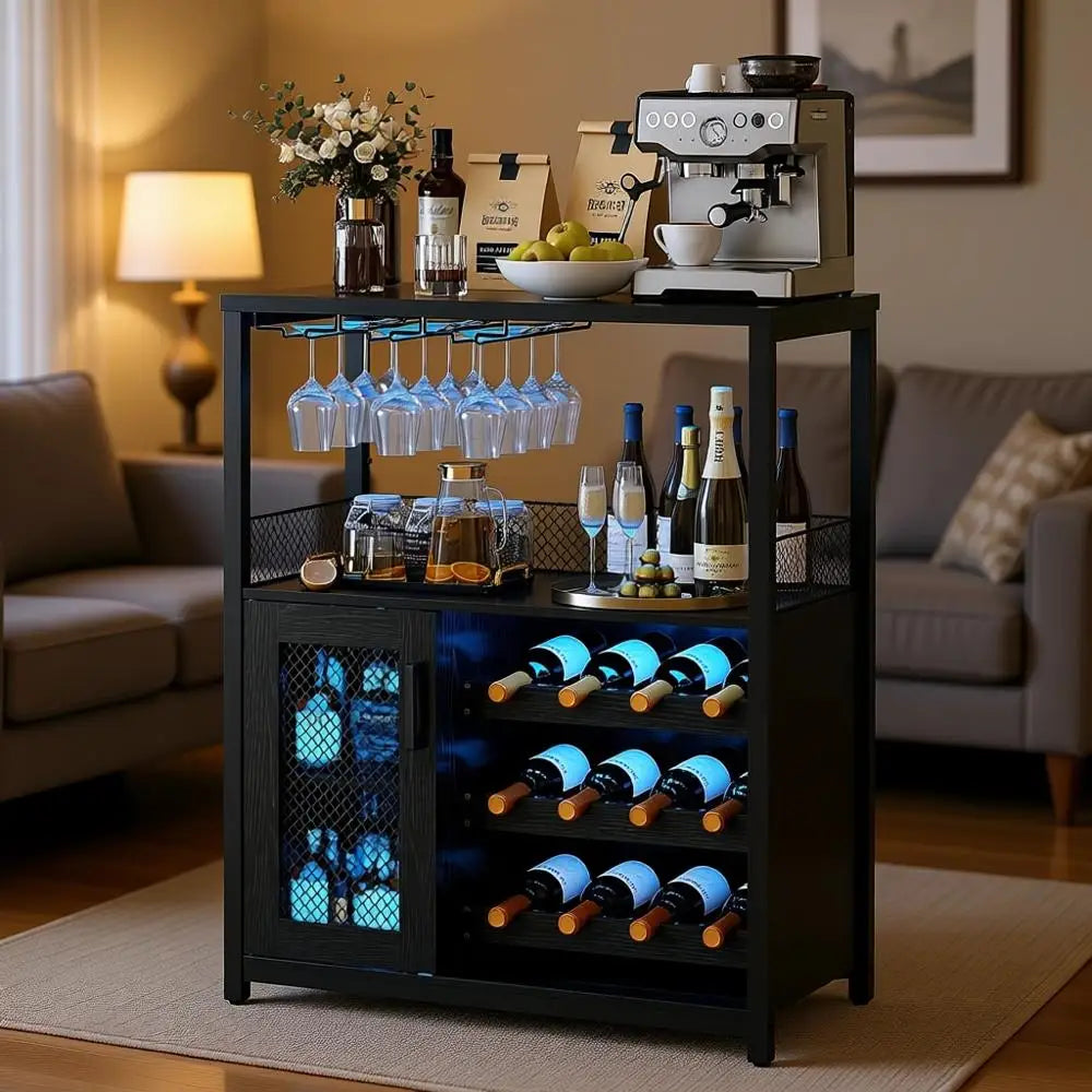 Industrial-Style Wine Bar Cabinet with Adjustable Racks, Glass Holders, and Mesh Door for Living, Kitchen, or Dining Spaces