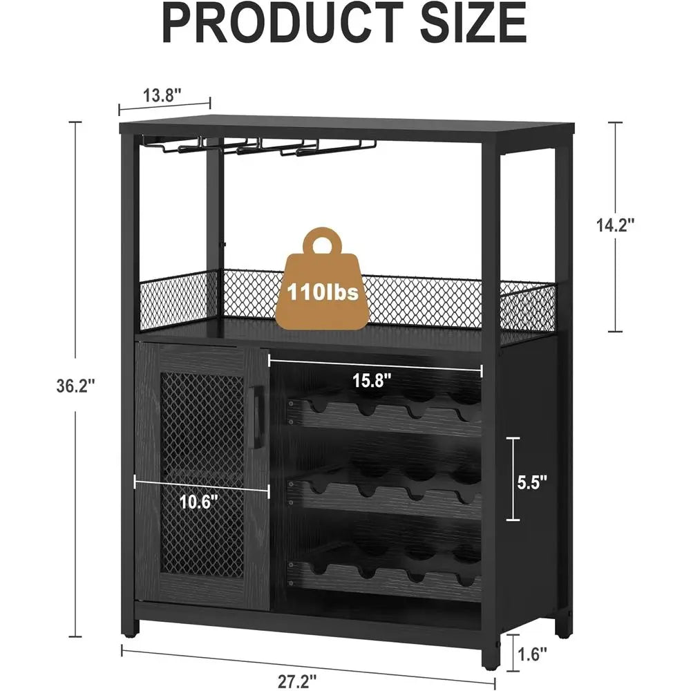 Industrial-Style Wine Bar Cabinet with Adjustable Racks, Glass Holders, and Mesh Door for Living, Kitchen, or Dining Spaces