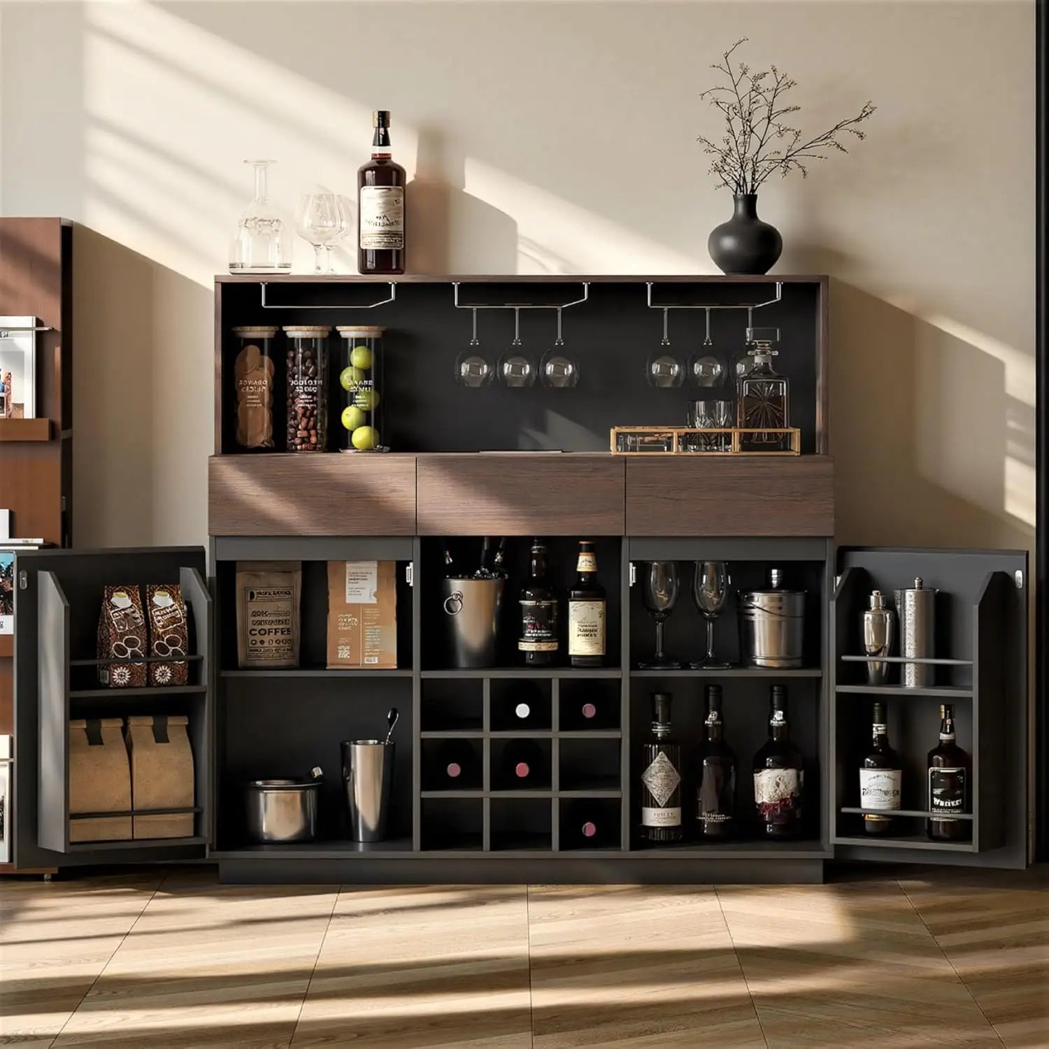 Wine Cabinet with 3 Drawers, Coffee Bar Cabinet with LED Lights, Stemware Holders Wine Racks, Home Bar with, Customized