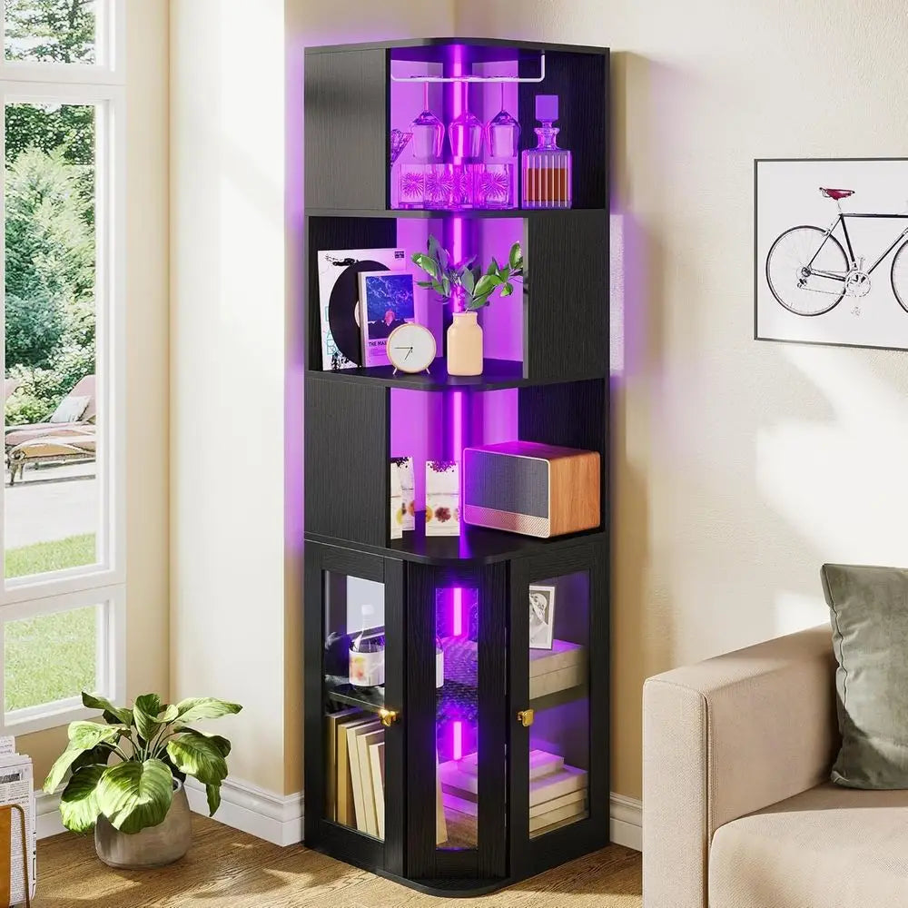 Illuminated Wine Cabinet with Glass Holder, Tempered Glass Bar Cabinet for Adjustable Storage in Living, Dining, Kitchen Spaces