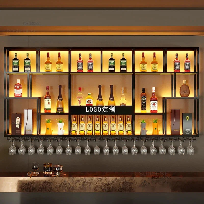 Nordic Iron Art Bar Wine Cabinets Wall-mounted Showcase Simple Designer Industrial Style Commercial Display Cabinet with Lights