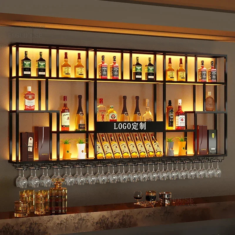Nordic Iron Art Bar Wine Cabinets Wall-mounted Showcase Simple Designer Industrial Style Commercial Display Cabinet with Lights