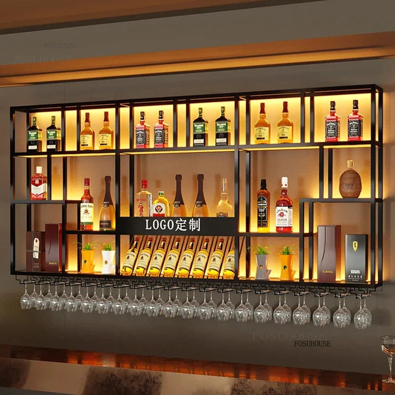 Nordic Iron Art Bar Wine Cabinets Wall-mounted Showcase Simple Designer Industrial Style Commercial Display Cabinet with Lights